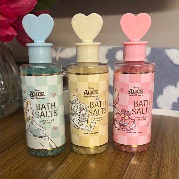 Disney Other - Disney Alice in Wonderland Heart-Top Bath Salts Trio - Blue, Yellow, Pink